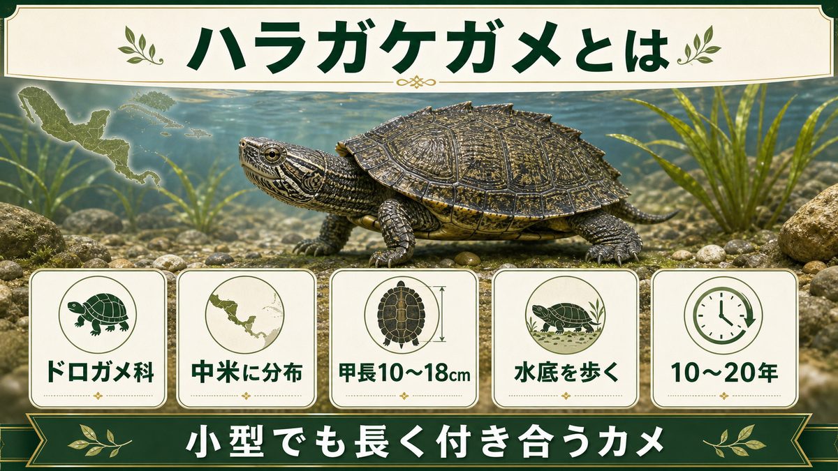 ハラガケガメとはどんなカメ？中米の小さな肉食ニオイガメの要点をまとめたカメレオン・爬虫類飼育インフォグラフィック