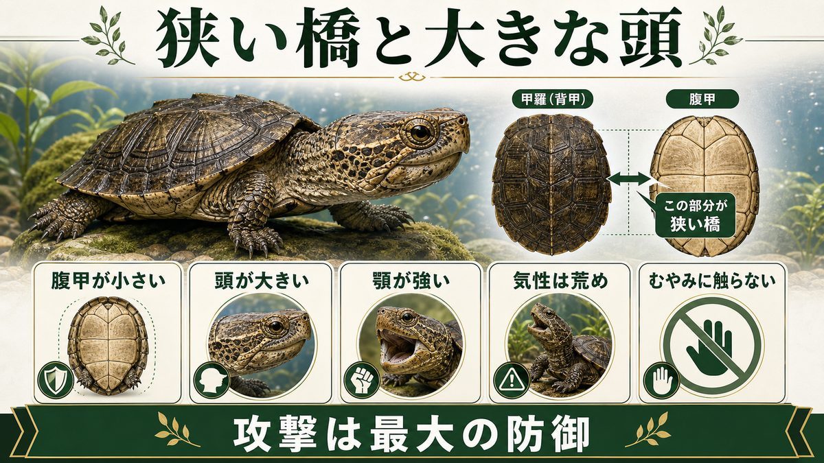 「狭い橋」と大きな頭——ハラガケガメの特徴と荒い気性の要点をまとめたカメレオン・爬虫類飼育インフォグラフィック