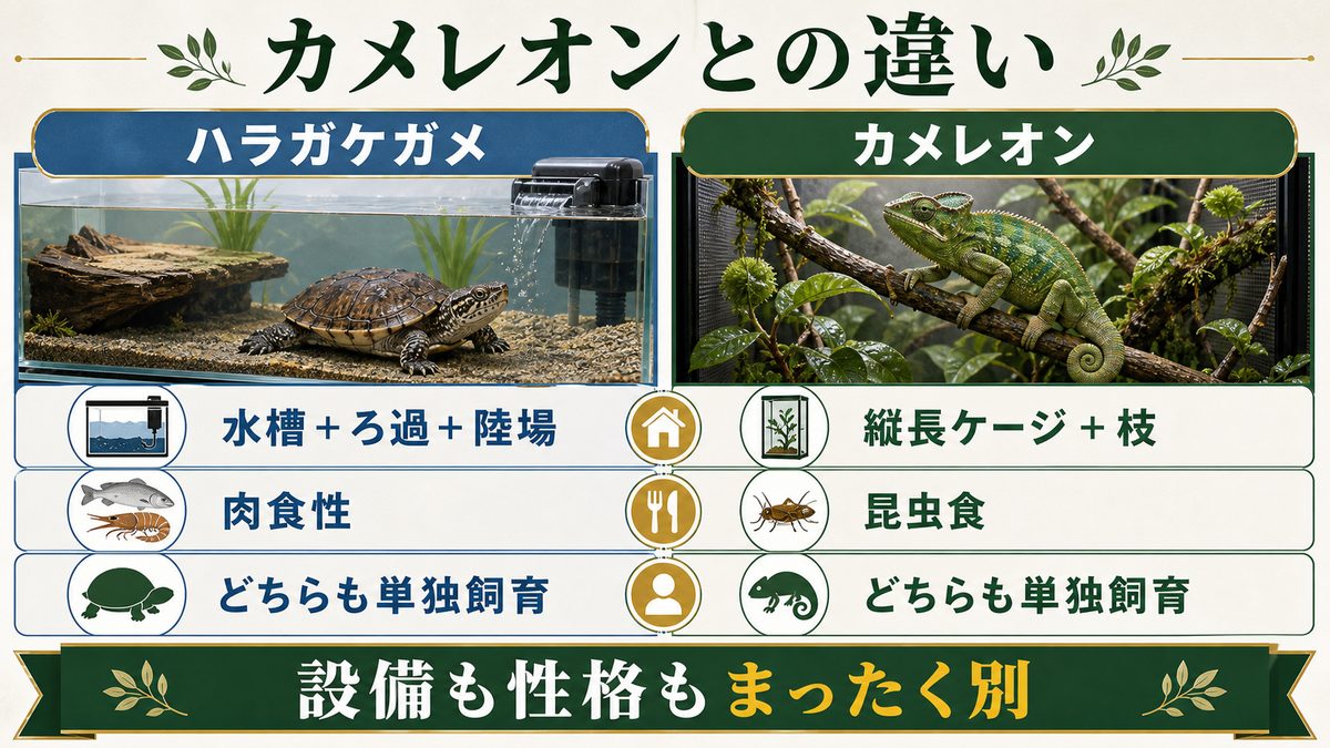 カメレオン（ぺぺ君）との違い——同じ爬虫類でもこんなに違うの要点をまとめたカメレオン・爬虫類飼育インフォグラフィック