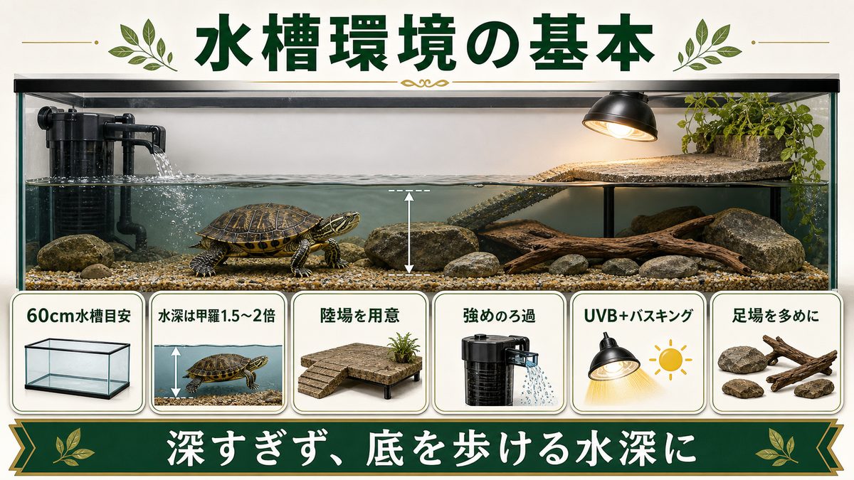 ハラガケガメの飼育環境——水深・陸場・ろ過の作り方の要点をまとめたカメレオン・爬虫類飼育インフォグラフィック