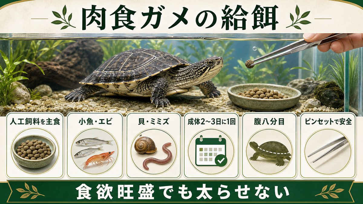 ハラガケガメの餌——肉食性に合わせた給餌のコツの要点をまとめたカメレオン・爬虫類飼育インフォグラフィック