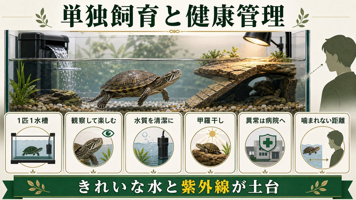 気性・単独飼育・健康管理——長く付き合うための心得の要点をまとめたカメレオン・爬虫類飼育インフォグラフィック
