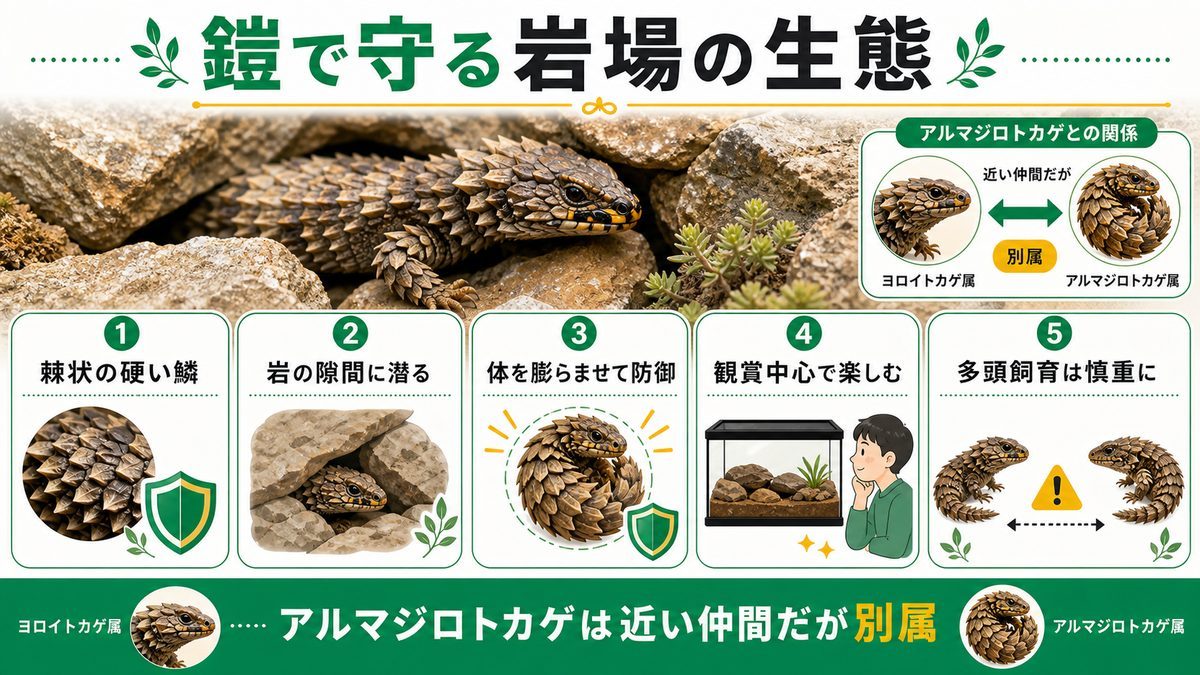 特徴と岩場の生態｜なぜ「鎧」をまとうのか、アルマジロトカゲとの関係の要点をまとめたカメレオン・爬虫類飼育インフォグラフィック