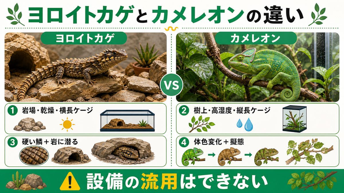 カメレオン（ぺぺ君）との違い｜樹上の優雅 vs 岩場の鎧の要点をまとめたカメレオン・爬虫類飼育インフォグラフィック
