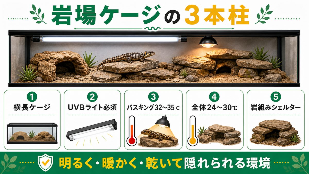 岩場の飼育環境｜UVB・バスキング・岩レイアウトが3本柱の要点をまとめたカメレオン・爬虫類飼育インフォグラフィック