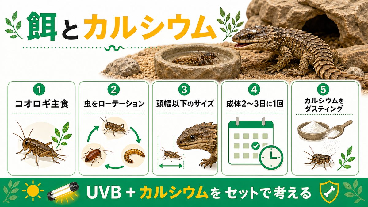 餌とカルシウム｜昆虫食をベースに栄養バランスをの要点をまとめたカメレオン・爬虫類飼育インフォグラフィック