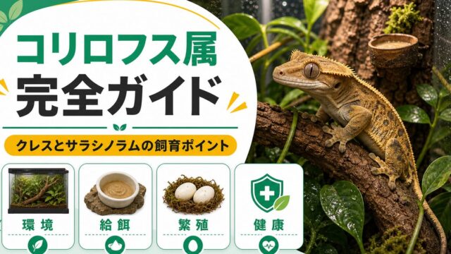 コリロフス属（Correlophus）完全ガイド｜クレステッドゲッコー・サラシノラムの種類・特徴・飼育法を属レベルで解説の要点を伝えるカメレオン・爬虫類記事アイキャッチ画像