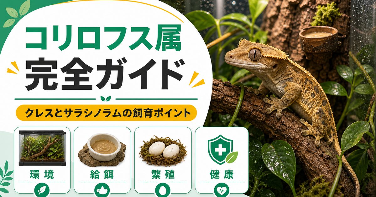 コリロフス属（Correlophus）完全ガイド｜クレステッドゲッコー・サラシノラムの種類・特徴・飼育法を属レベルで解説の要点を伝えるカメレオン・爬虫類記事アイキャッチ画像