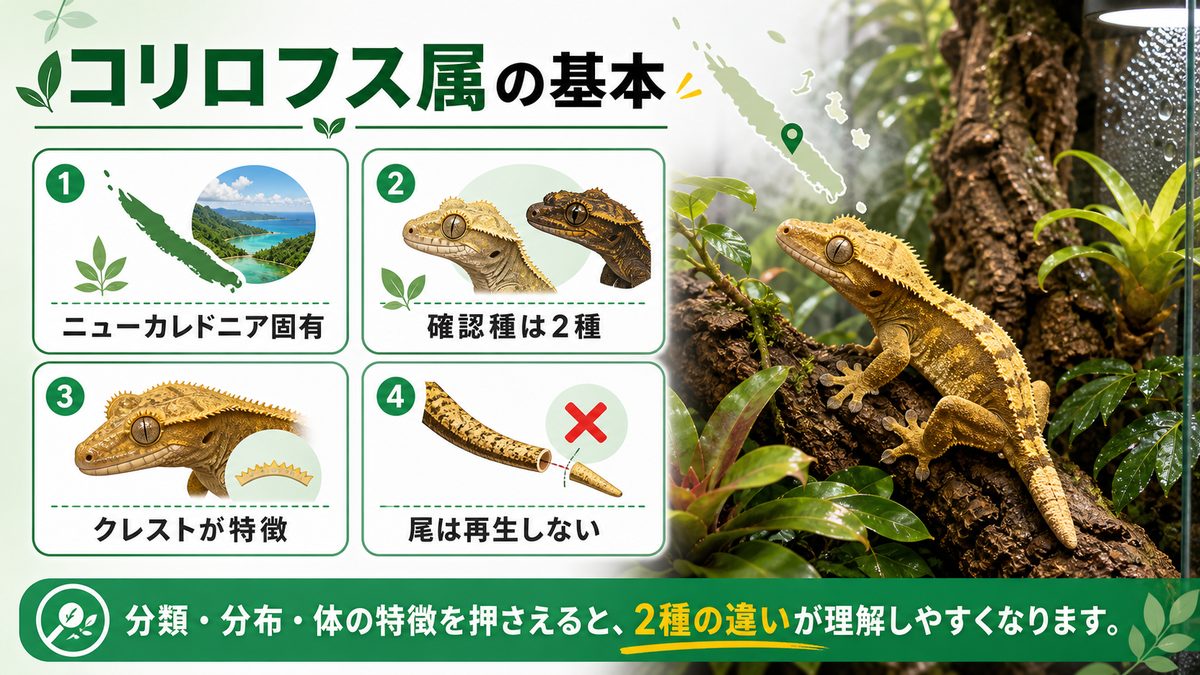 🦎 コリロフス属（Correlophus）の基本情報の要点をまとめたカメレオン・爬虫類飼育インフォグラフィック