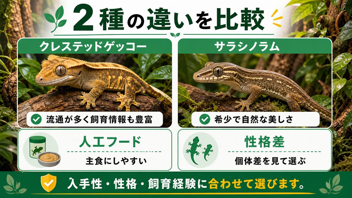 🔍 2種の紹介と比較：クレステッドゲッコー vs サラシノラムの要点をまとめたカメレオン・爬虫類飼育インフォグラフィック