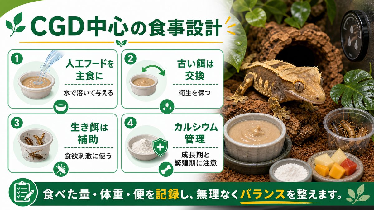🍽️ 給餌と栄養：CGDを軸にしたバランス食の要点をまとめたカメレオン・爬虫類飼育インフォグラフィック