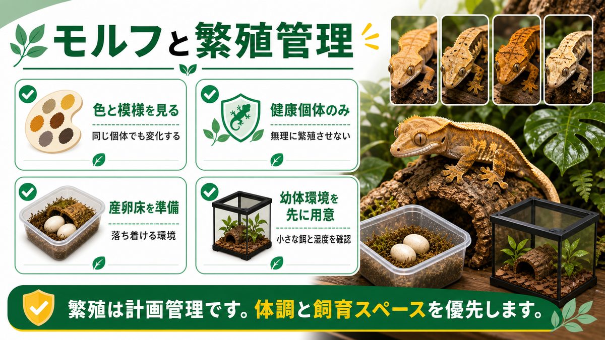 🌈 モルフと繁殖：カラーバリエーションと孵化管理の要点をまとめたカメレオン・爬虫類飼育インフォグラフィック