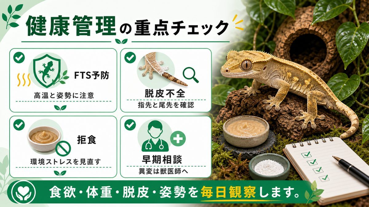 🏥 健康管理：FTS・脱皮不全・拒食・クル病の要点をまとめたカメレオン・爬虫類飼育インフォグラフィック