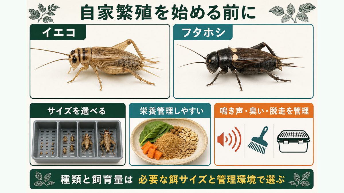 イエコとフタホシを比較し、コオロギ自家繁殖の利点と管理負担を示す図