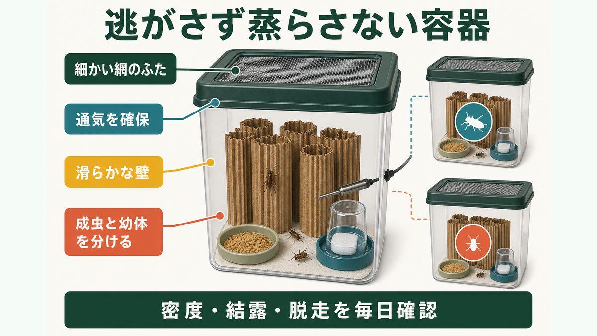 細かい網のふた、通気、滑らかな壁、成虫と幼体の分離を示すコオロギ飼育容器