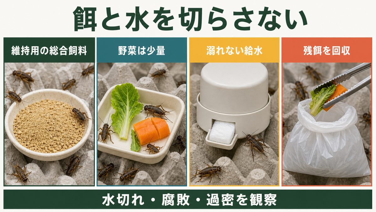 維持用飼料、少量の野菜、溺れない給水、残餌回収を示すコオロギの給餌・給水管理