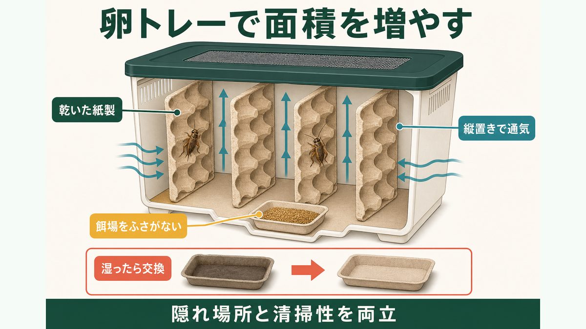乾いた卵トレーを縦置きし、通気と清掃性を保つコオロギのシェルター配置