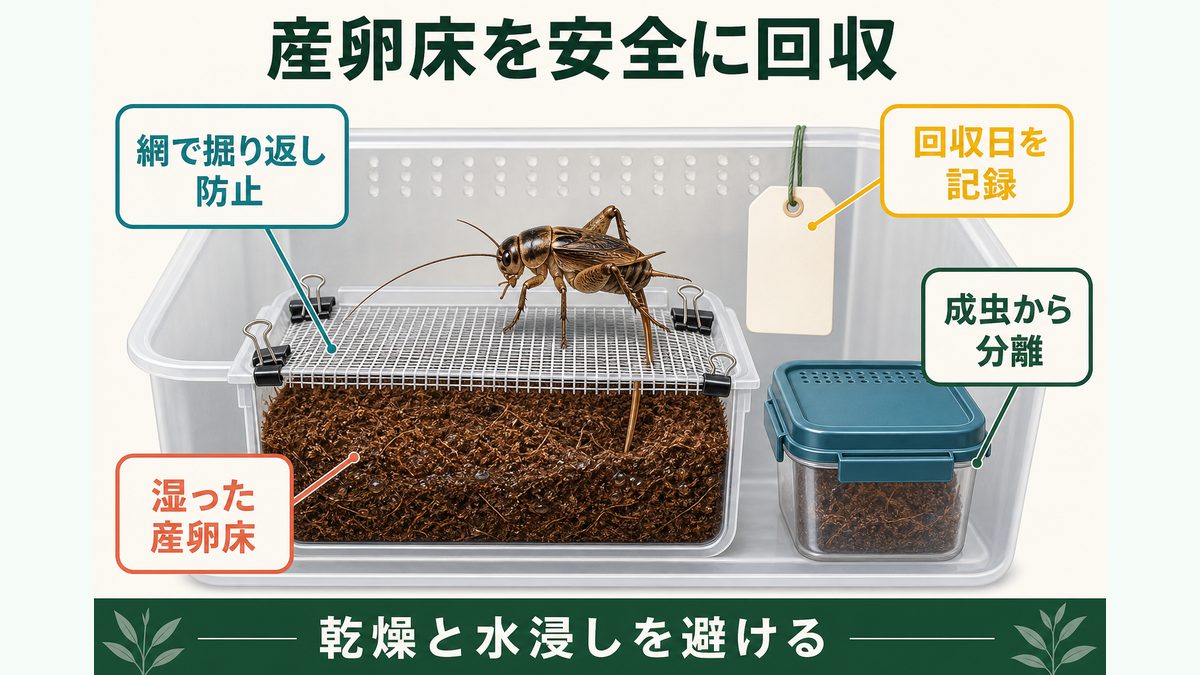 網で保護した湿った産卵床へメスが産卵し、成虫から分離して管理する流れ
