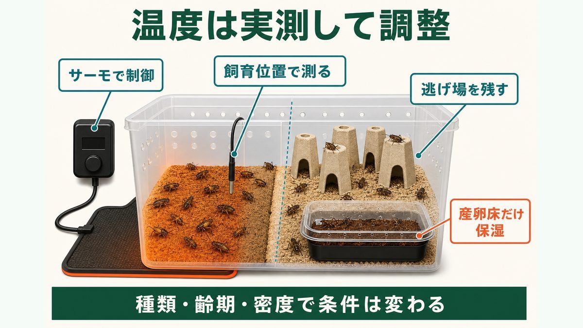 サーモスタットと温度計で実測し、逃げ場と局所保湿を確保するコオロギの温度管理