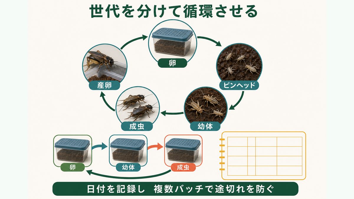卵、ピンヘッド、幼体、成虫、産卵を別容器で循環させるコオロギ繁殖サイクル