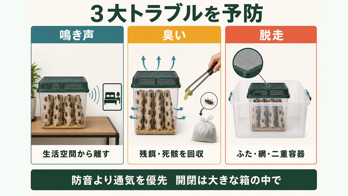 鳴き声、臭い、脱走を距離、清掃、ふたと二重容器で予防するコオロギ管理