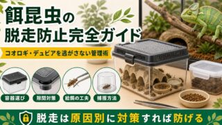 餌昆虫の脱走防止完全ガイド｜コオロギ・デュビアを部屋に逃がさない管理術を徹底解説の要点を伝えるカメレオン・爬虫類記事アイキャッチ画像