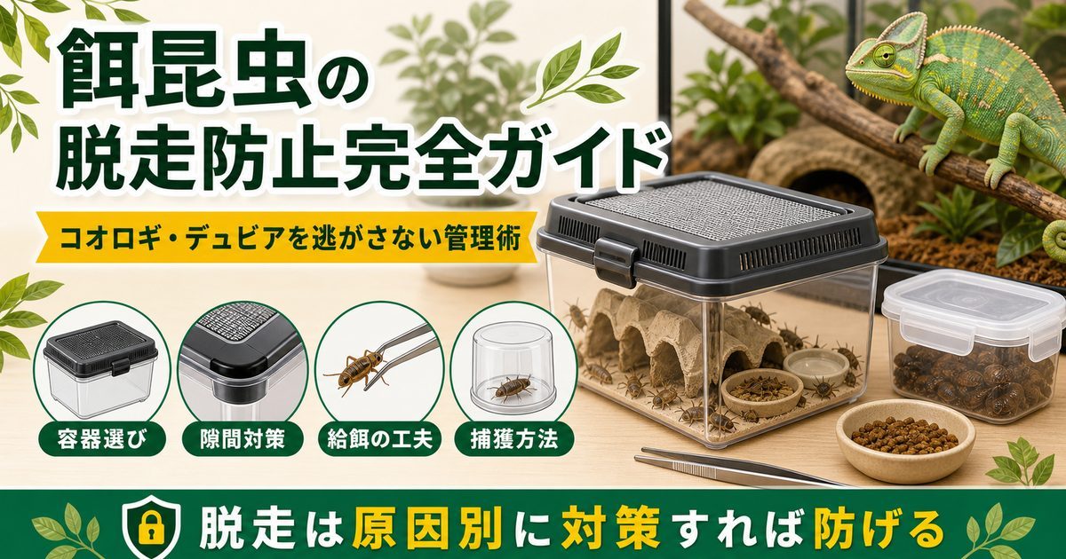 餌昆虫の脱走防止完全ガイド｜コオロギ・デュビアを部屋に逃がさない管理術を徹底解説の要点を伝えるカメレオン・爬虫類記事アイキャッチ画像