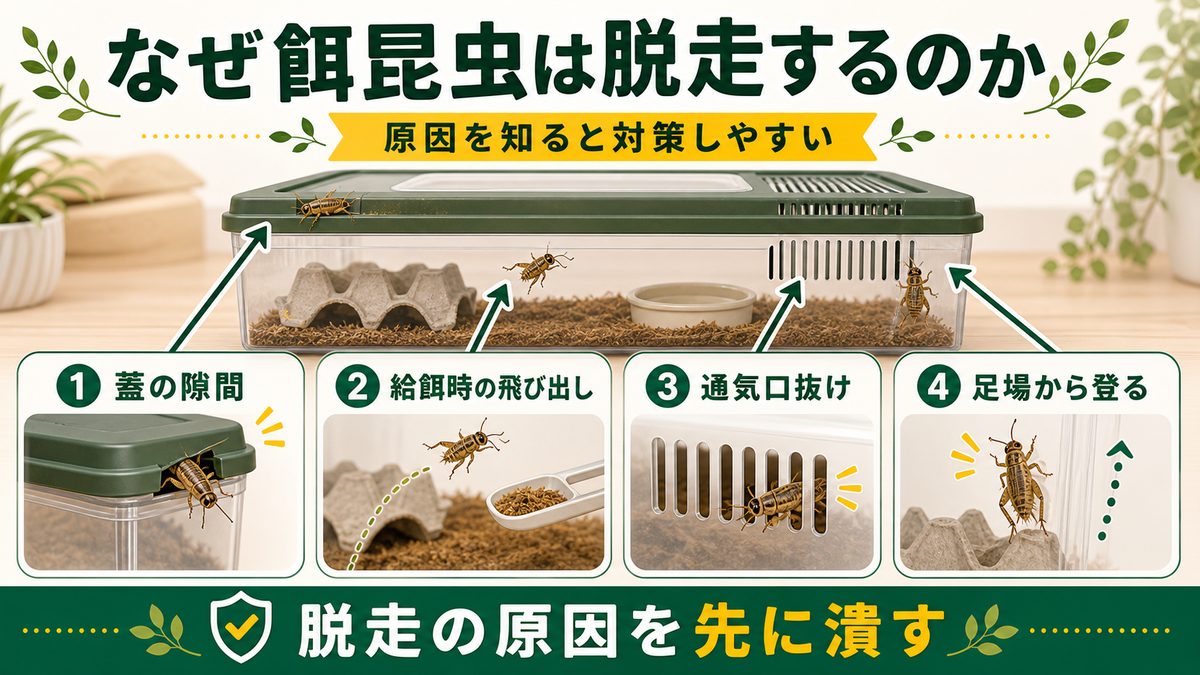 なぜ餌昆虫は脱走するのかの要点をまとめたカメレオン・爬虫類飼育インフォグラフィック