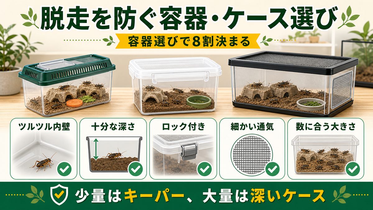 脱走を防ぐ容器・ケース選びの要点をまとめたカメレオン・爬虫類飼育インフォグラフィック