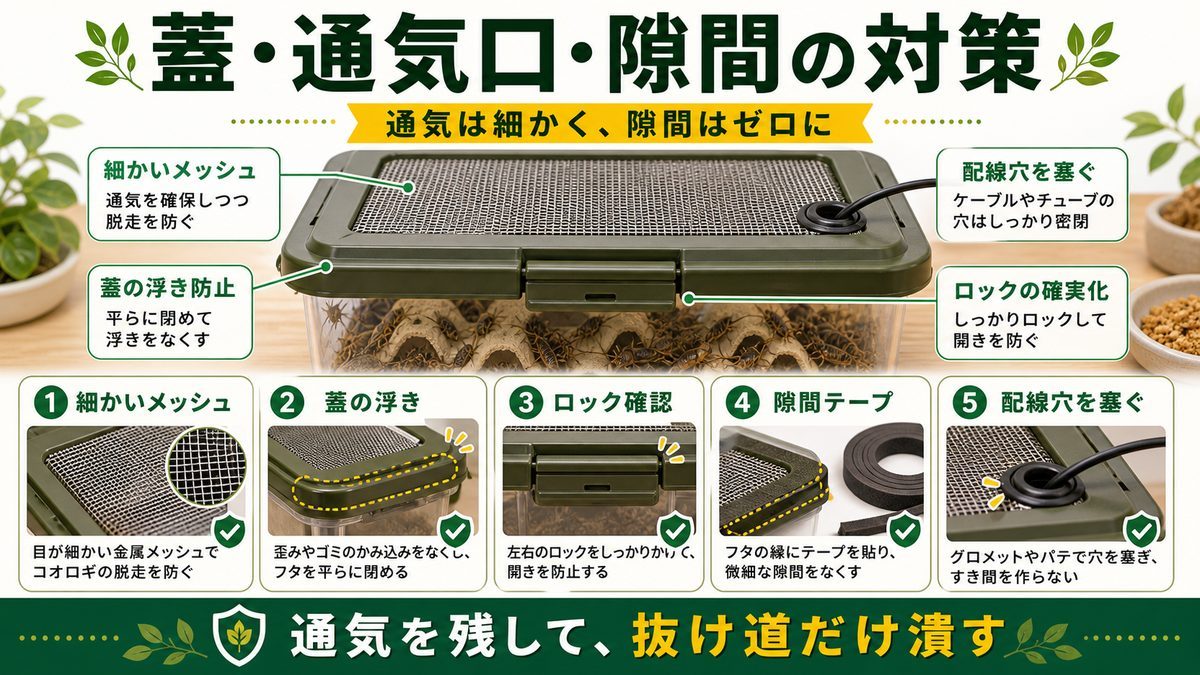 蓋・通気口・隙間の対策の要点をまとめたカメレオン・爬虫類飼育インフォグラフィック
