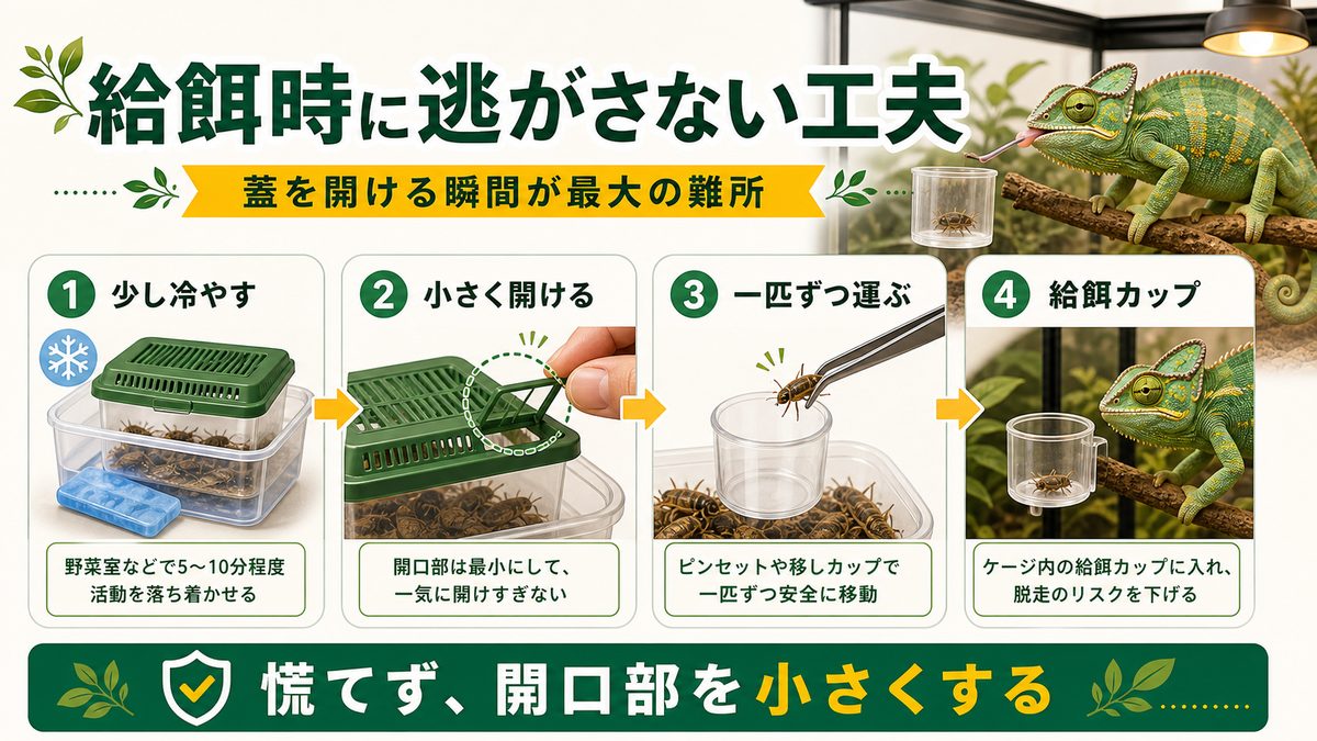 給餌時に逃がさない工夫の要点をまとめたカメレオン・爬虫類飼育インフォグラフィック
