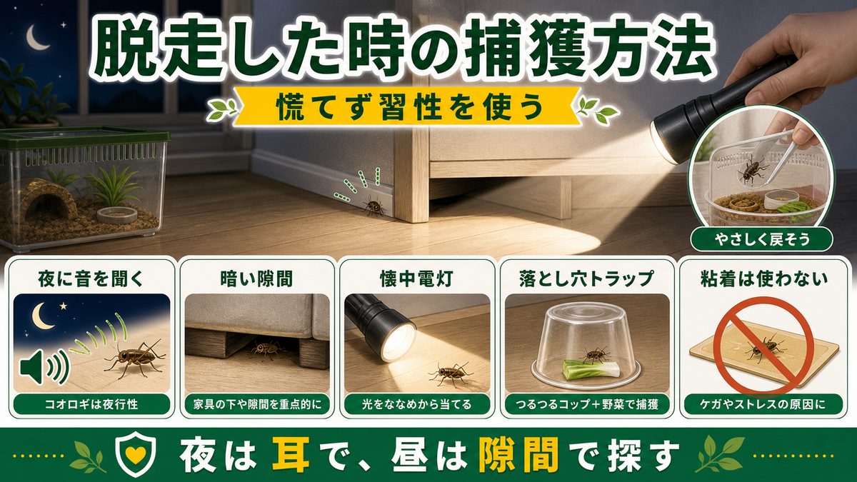 脱走した時の捕獲方法の要点をまとめたカメレオン・爬虫類飼育インフォグラフィック