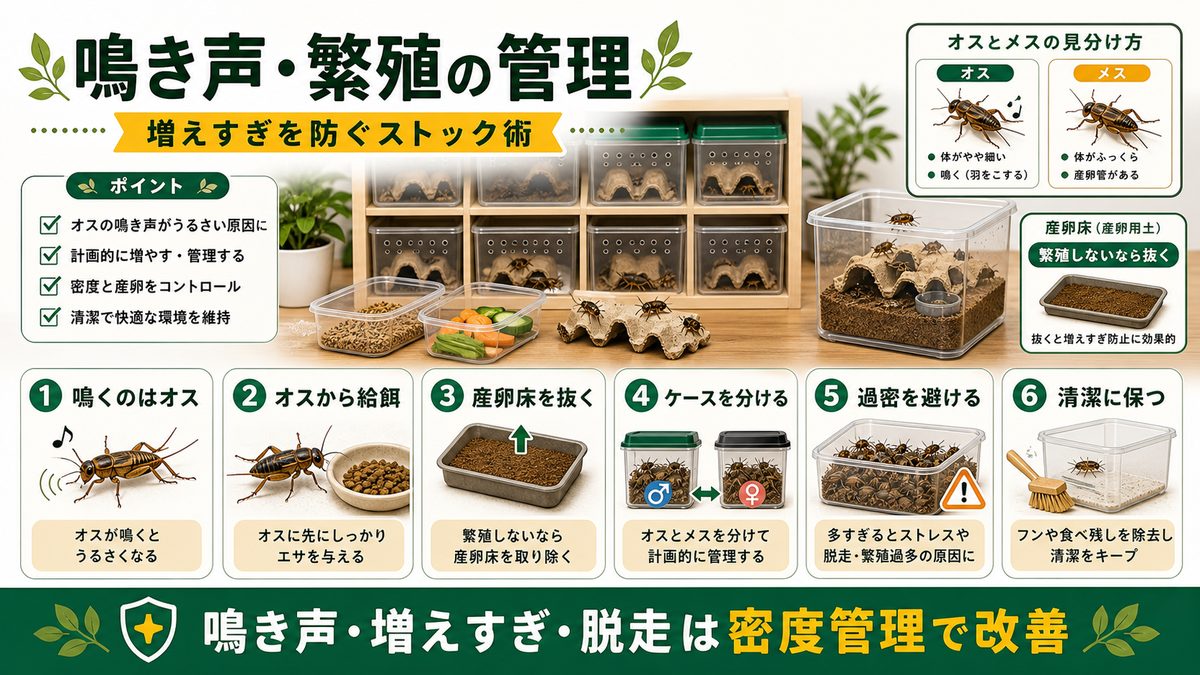 鳴き声・繁殖(増えすぎ)の管理の要点をまとめたカメレオン・爬虫類飼育インフォグラフィック