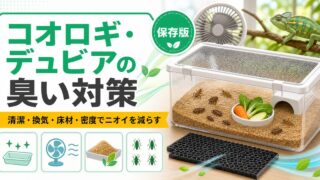 コオロギ・デュビアの臭い対策完全ガイド｜餌虫キーパーの消臭・防臭・換気テクニックの要点を伝えるカメレオン・爬虫類記事アイキャッチ画像