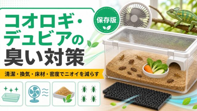 コオロギ・デュビアの臭い対策完全ガイド｜餌虫キーパーの消臭・防臭・換気テクニックの要点を伝えるカメレオン・爬虫類記事アイキャッチ画像