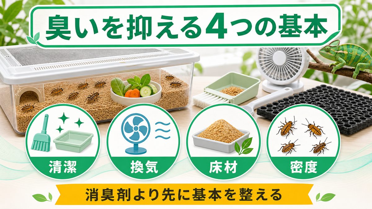 臭いを抑える4つの基本〜清潔・換気・床材・密度の要点をまとめたカメレオン・爬虫類飼育インフォグラフィック