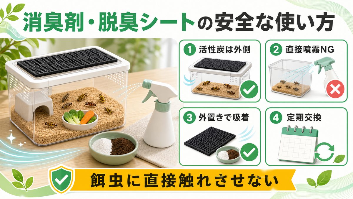消臭剤・脱臭シートの活用の要点をまとめたカメレオン・爬虫類飼育インフォグラフィック