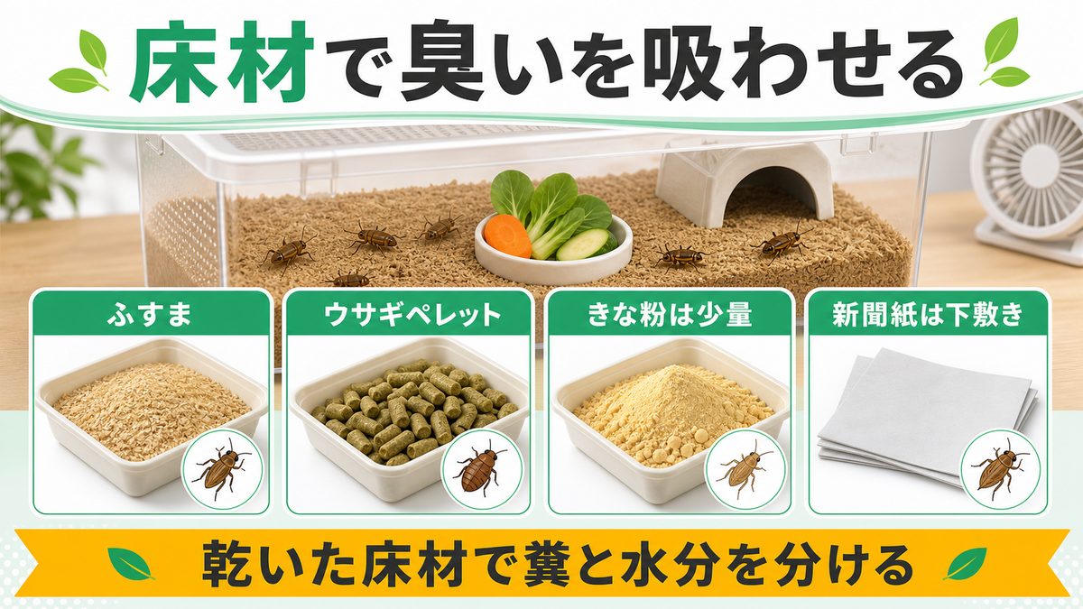 床材で臭いを軽減〜ふすま・きな粉・ウサギペレットの要点をまとめたカメレオン・爬虫類飼育インフォグラフィック