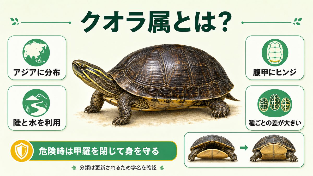 クオラ属の分布・腹甲のヒンジ・陸水利用・種差をまとめた図