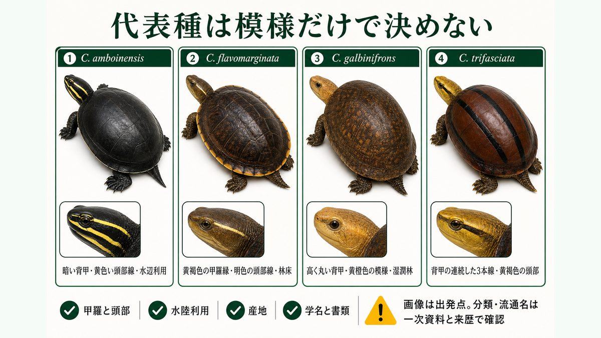 クオラ属4種の背甲と頭部を比較しC. trifasciataの3本の暗色線を示す図