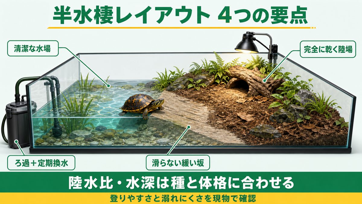 クオラ属の半水棲レイアウトと水場・陸場・坂・ろ過の要点図