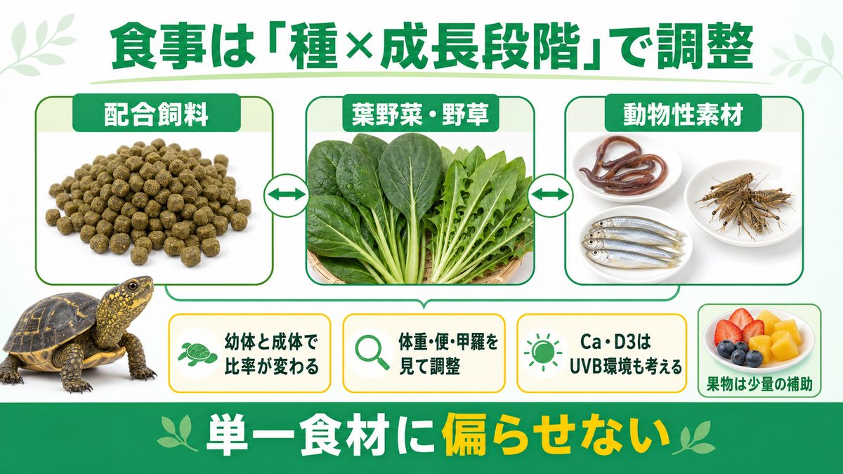 クオラ属の配合飼料・葉野菜・動物性素材の食事バランス図