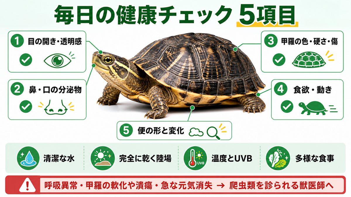 クオラ属の目・鼻口・甲羅・食欲・便を確認する健康チェック図