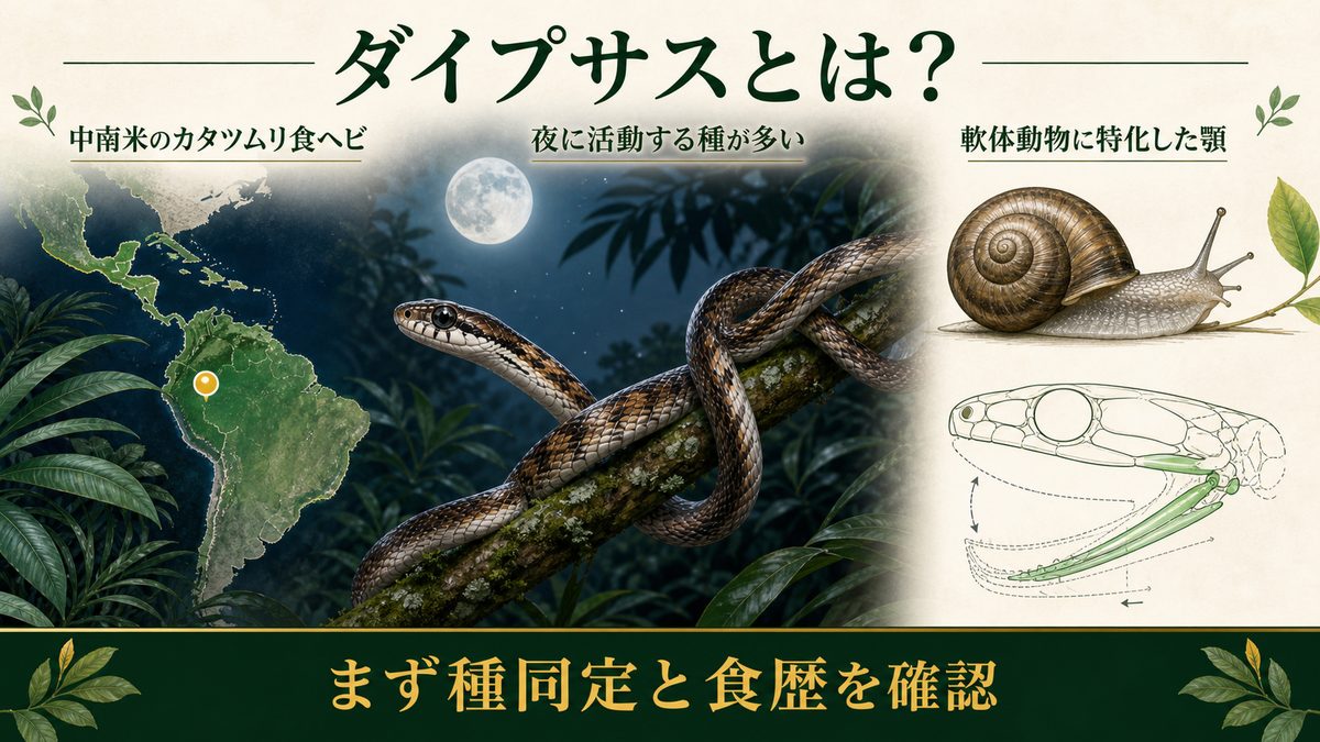 中南米のカタツムリ食ヘビ・ダイプサスの分布、夜行性、特殊な顎を示す図解
