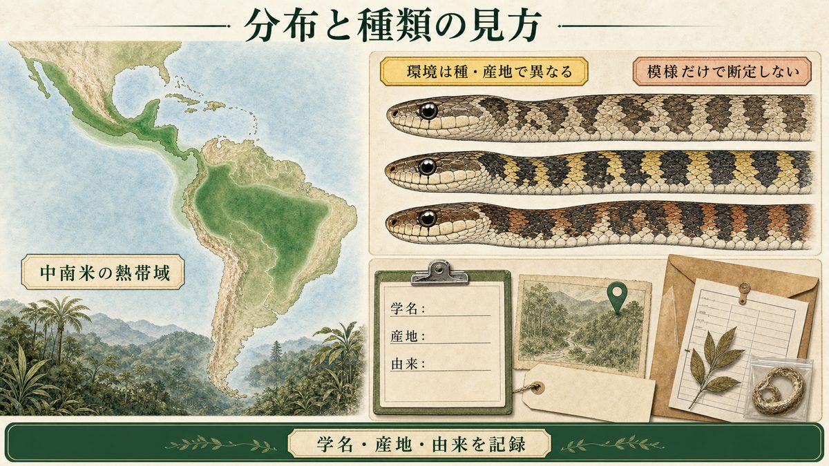 ダイプサスが分布する中南米の熱帯域と種同定・産地記録の要点を示す図解