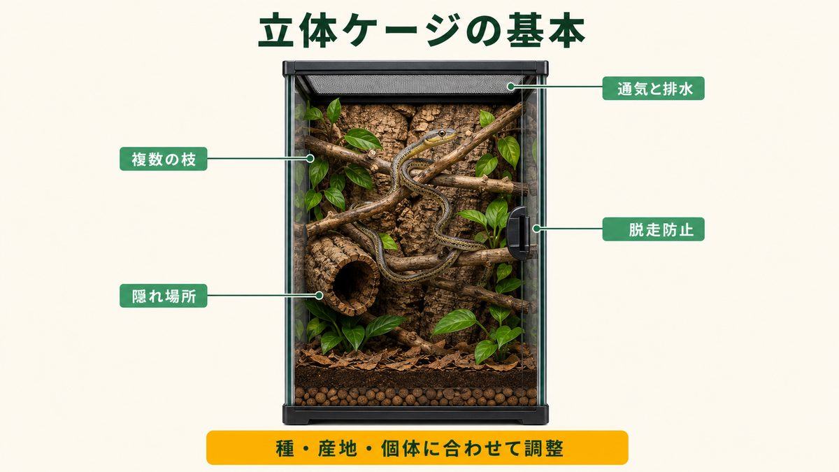 ダイプサスの立体ケージに必要な枝、隠れ場所、通気、排水、脱走防止を示す図解