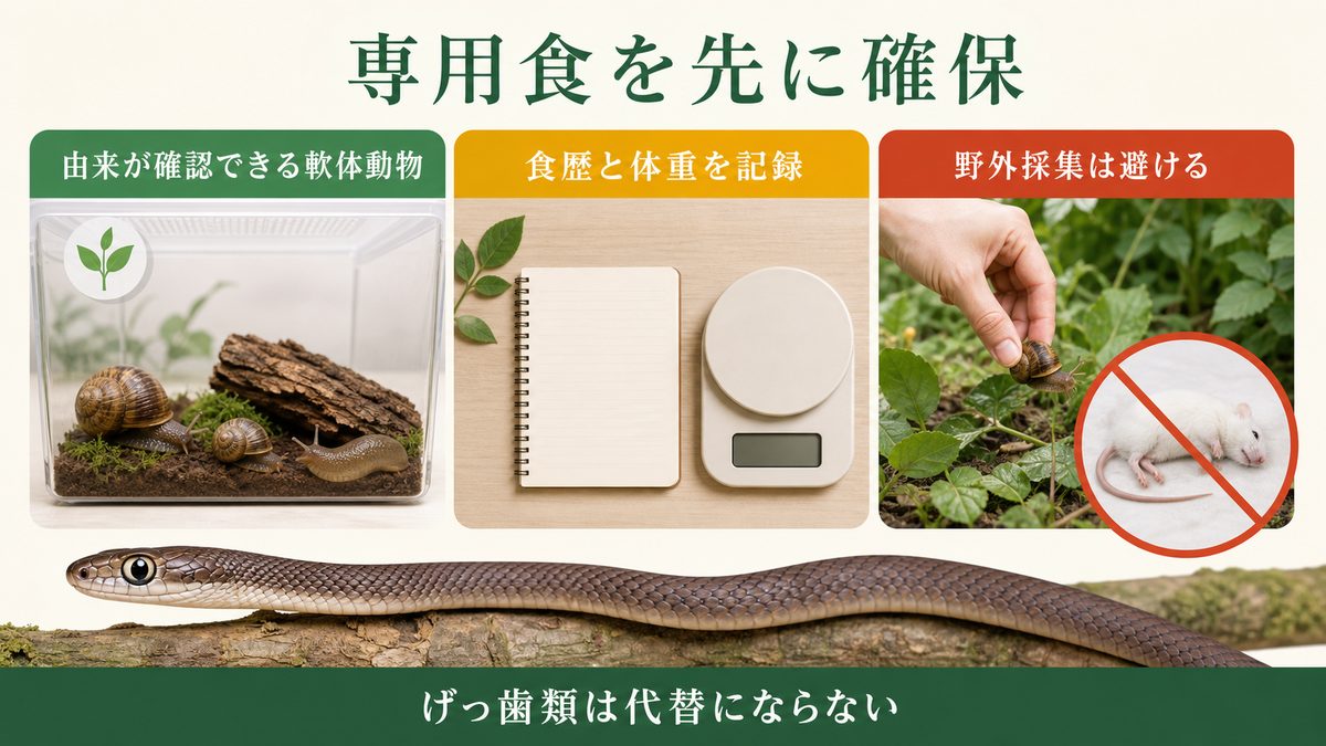 ダイプサスの専用食となる由来確認済み軟体動物と野外採集・げっ歯類代替を避ける要点の図解