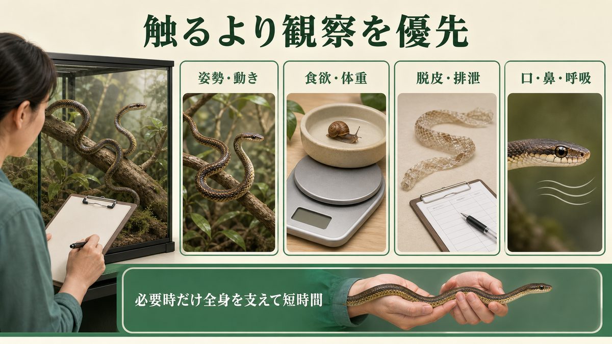ダイプサスの日常観察項目と必要時だけ全身を支える短時間のハンドリングを示す図解