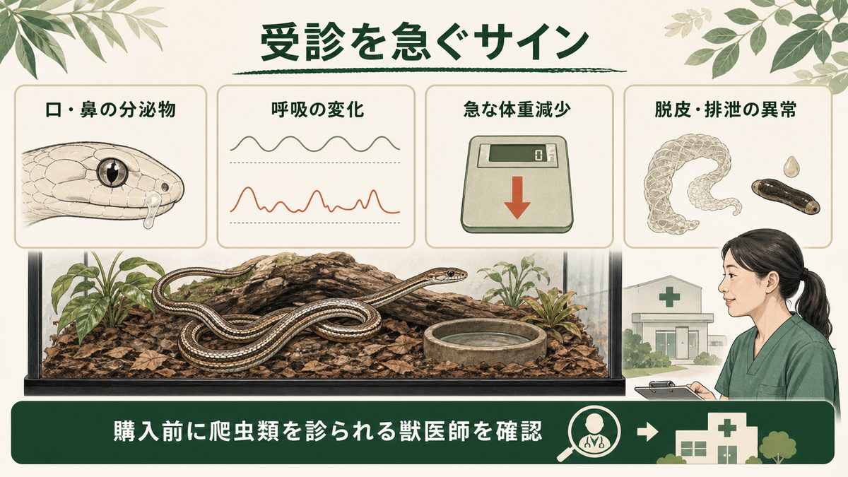 ダイプサスで受診を急ぐ分泌物、呼吸変化、体重減少、脱皮・排泄異常の図解