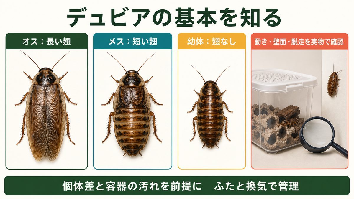 デュビアのオス・メス・幼体の翅と脱走対策を比較した図